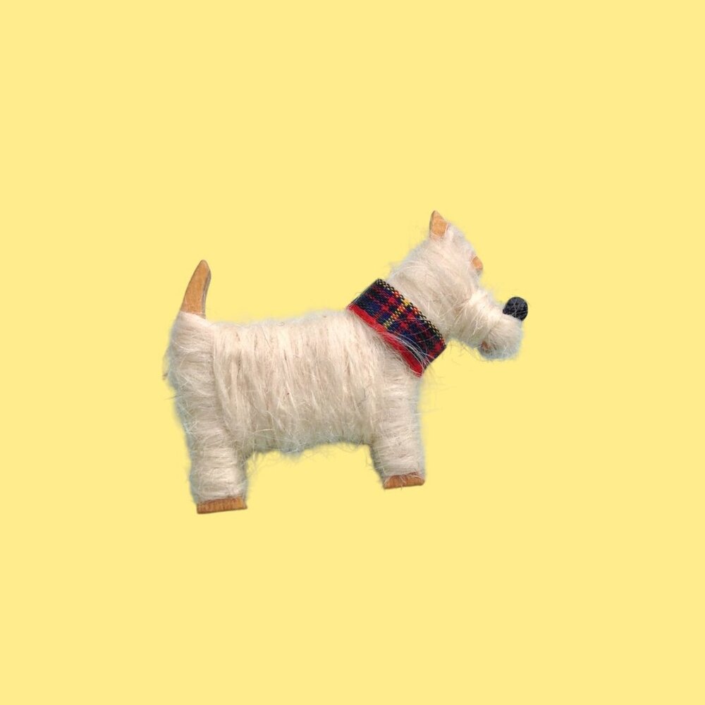 Artisan Brooch Scottish Shetland Wool, Tartan Plaid + Wood Scottie Terrier Dog